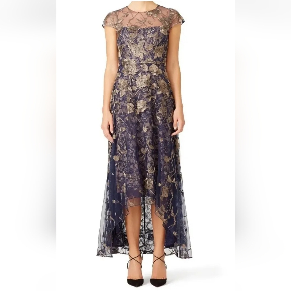 Marchesa Notte - Navy Blue & Gold Grapevine Gown - Size 4